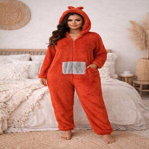 Red Sherpa Hooded Onesie Cozy Plush Zip Lounge Jumpsuit Soft Pajamas Women's